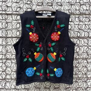 Vintage Ugly Christmas Ornaments Baubles Sweater Vest Bobbie Brooks XL